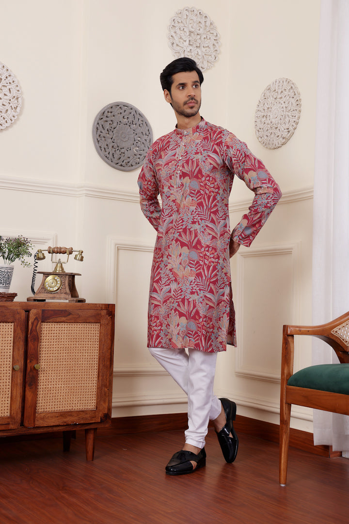 Embroidered pink kurta set for men, perfect for mehandi celebrations
