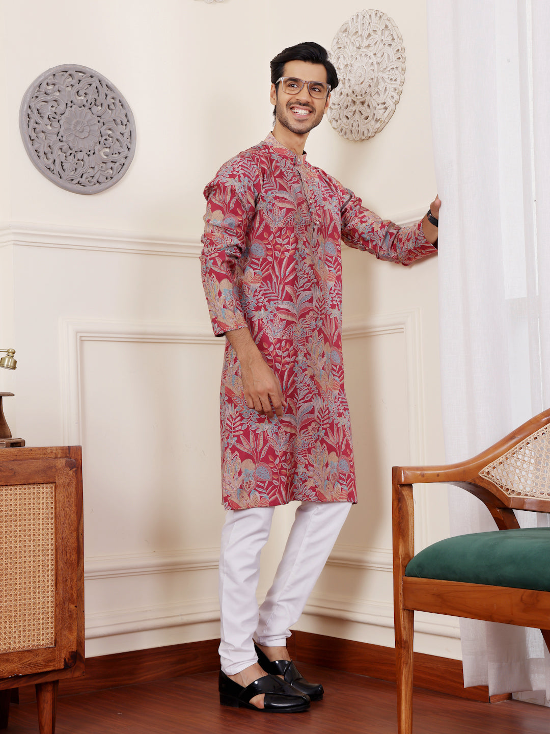 Stylish pink modal silk kurta set with detailed embroidery for men
