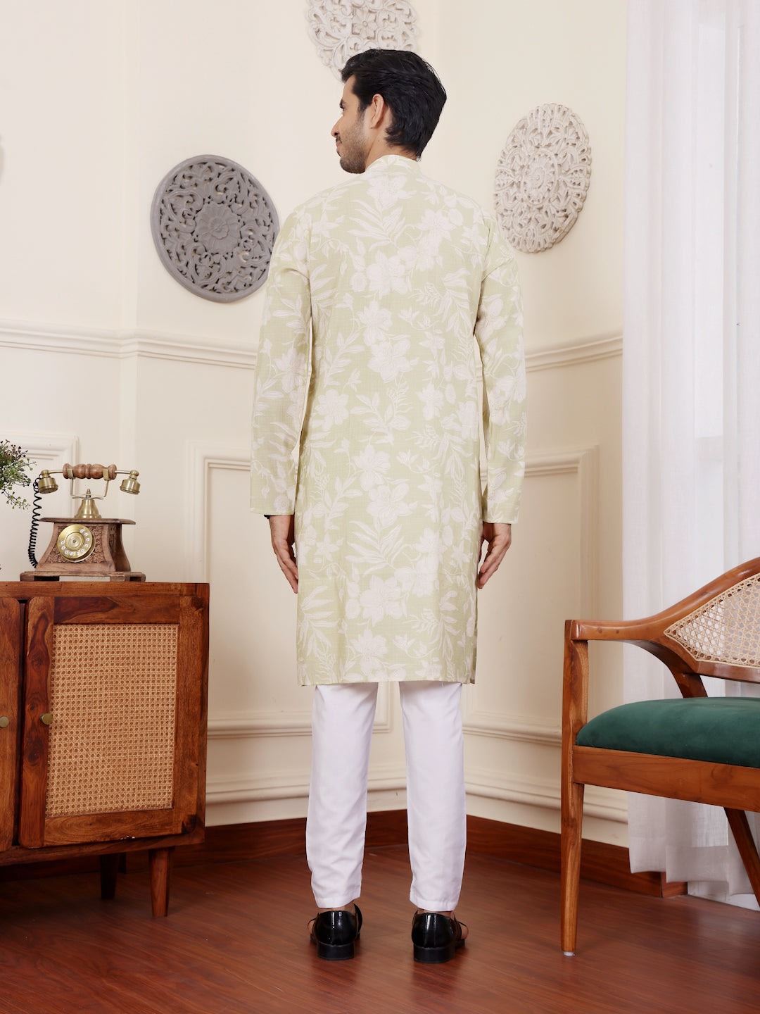 Light green modal silk kurta pajama set for men with embroidered details