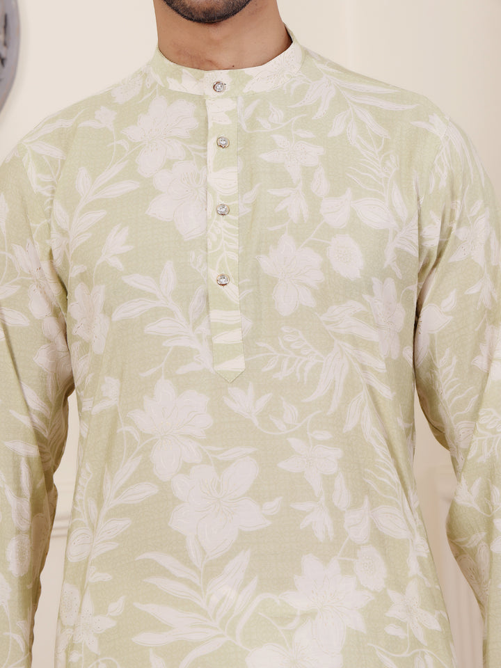 Light green kurta pajama set with intricate mil dye embroidery for men