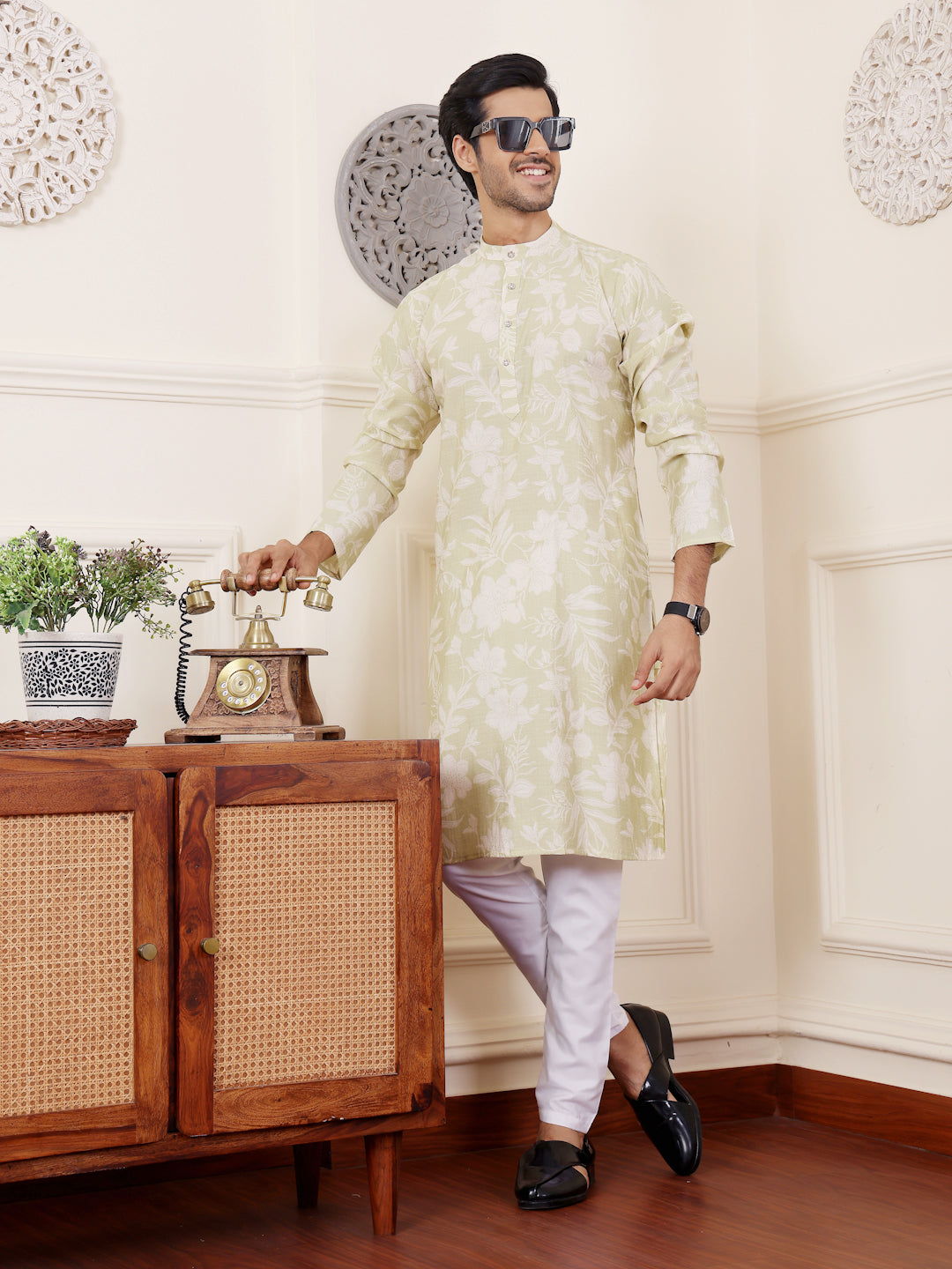 Stylish light green kurta pajama set with art silk bottom for men