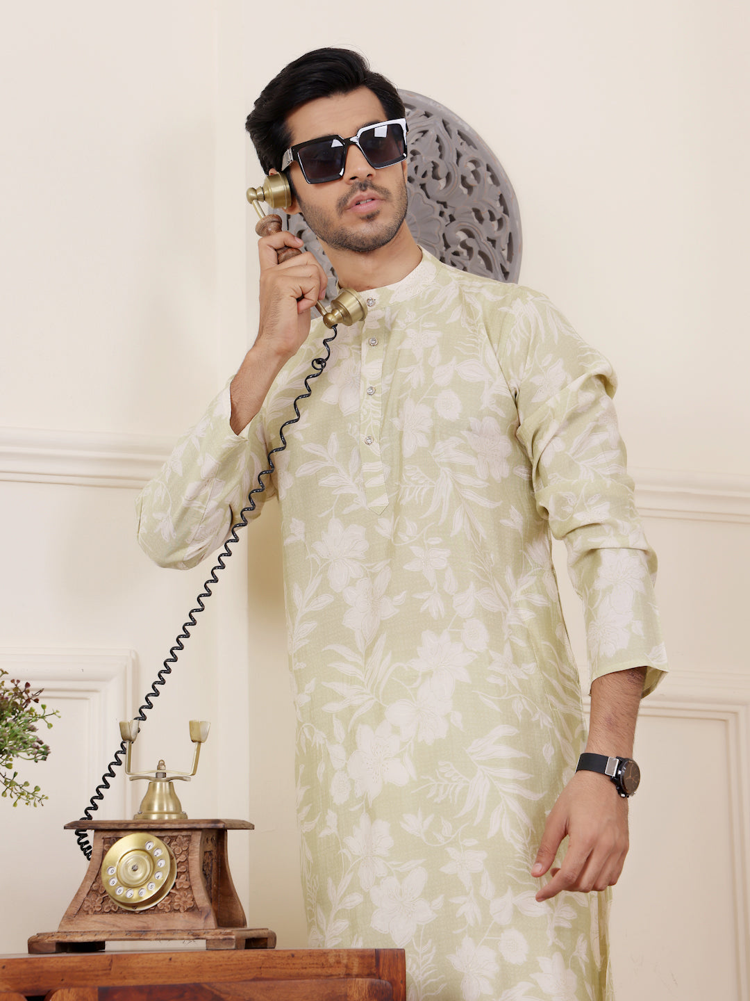 Light green ethnic kurta pajama for men with embroidered motifs