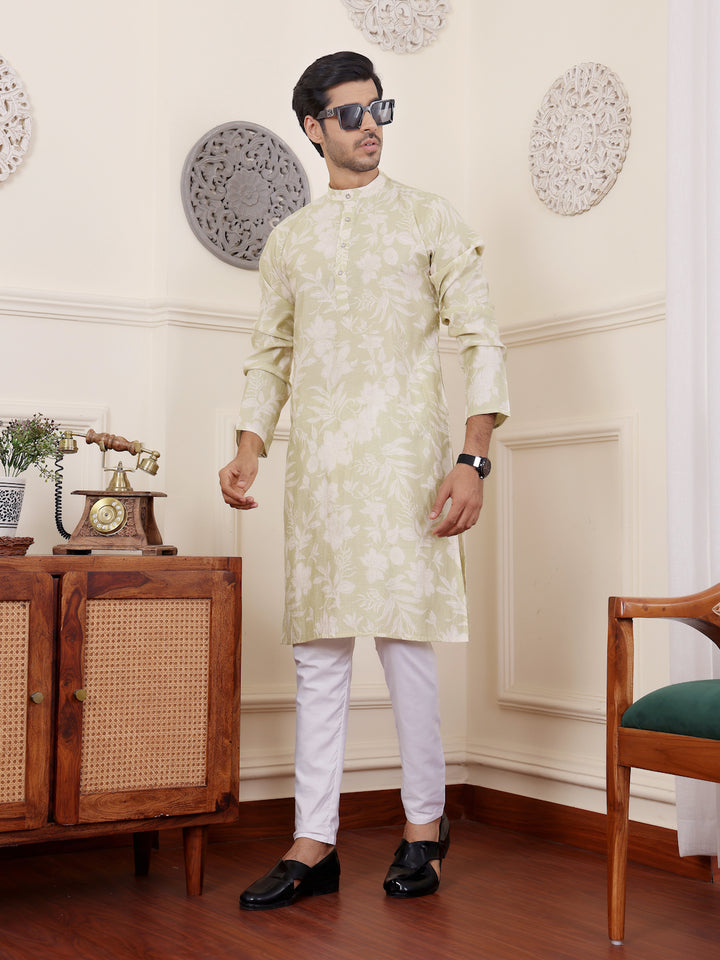 Light green kurta set for men with embroidered neckline and cuffs