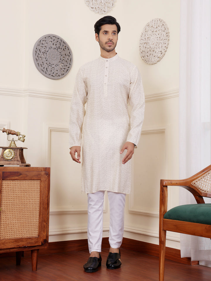 Traditional festive kurta pajama set with embroidered off-white kurta