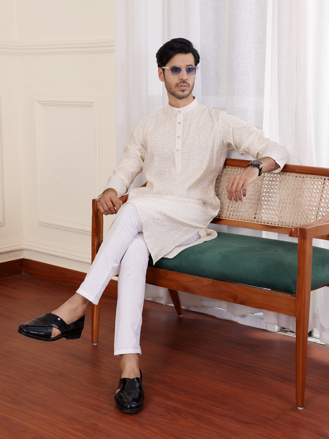 Off white modal silk kurta set with mil dye embroidery for celebrations