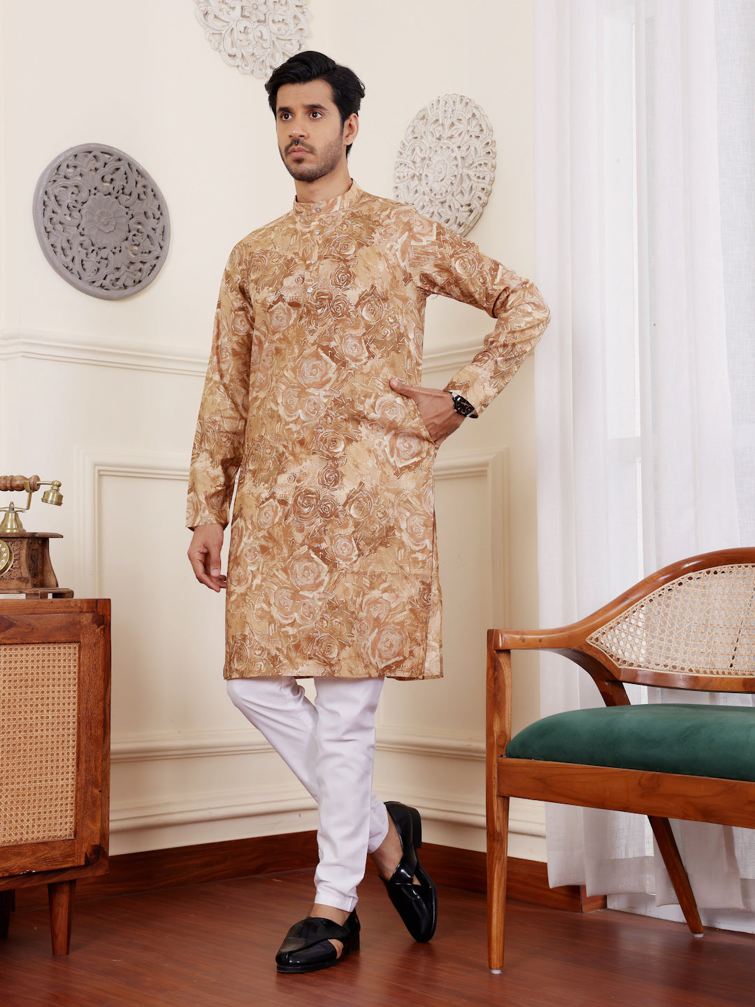 Luxurious light brown kurta with mil dye embroidery and art silk bottom