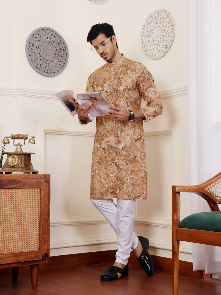 Designer light brown kurta set with matching art silk bottom for events