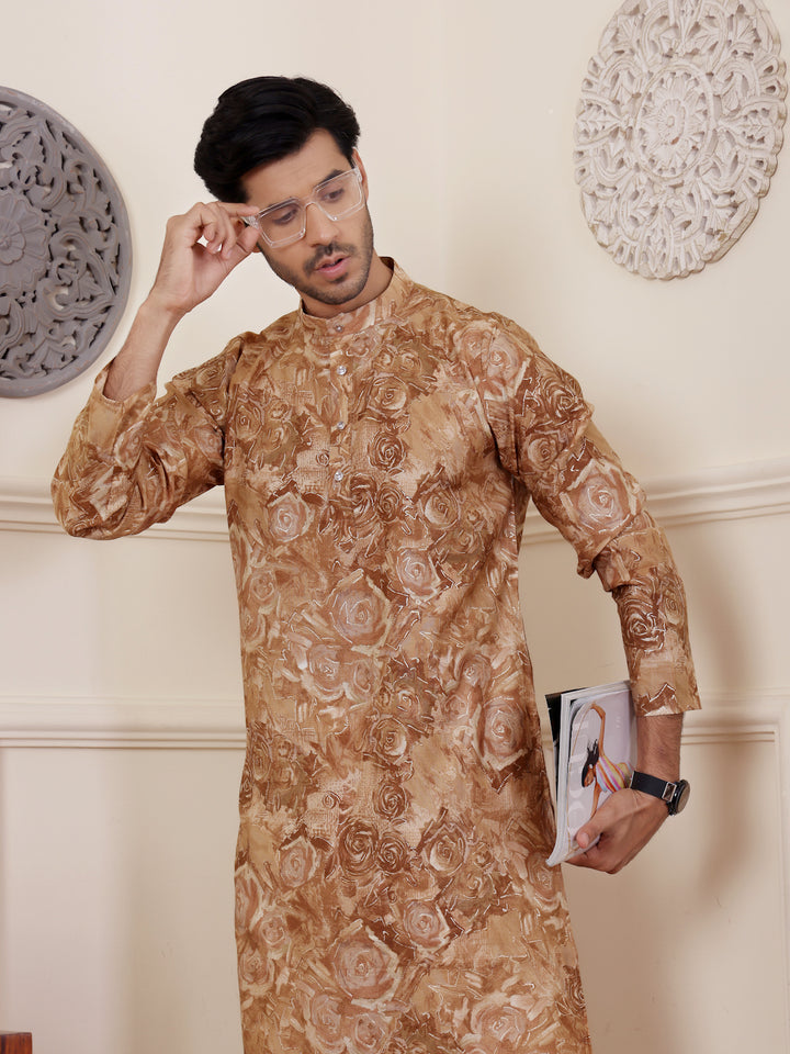 Light brown kurta pajama with exquisite embroidery for wedding celebrations