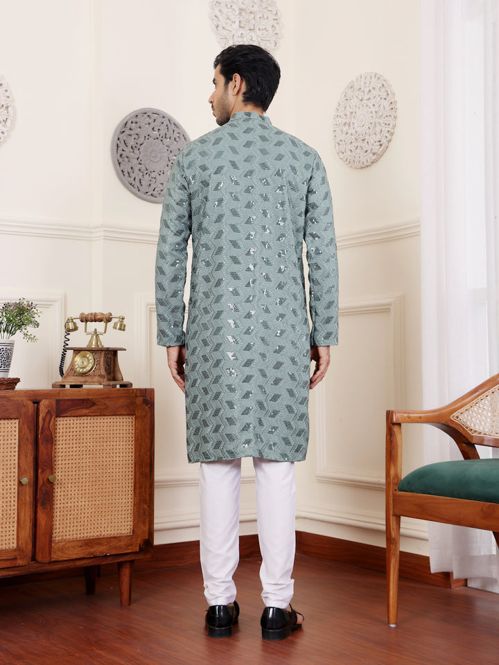 Traditional Dusty Green Viscose Kurta with Fine Chikankari Embroidery for Special Events