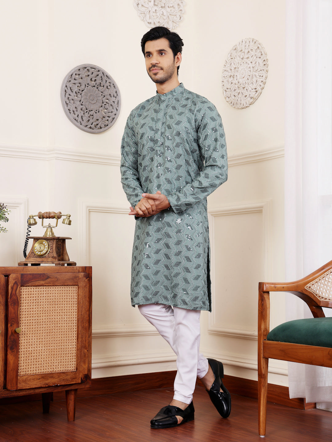 Elegant Dusty Green Kurta with Intricate Chikankari Embroidery for Festive Occasions