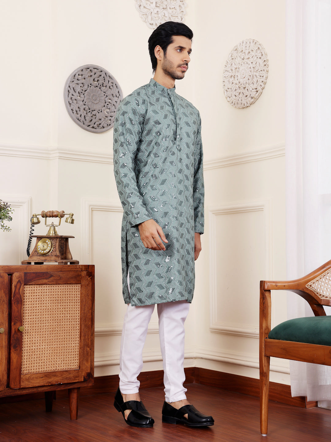 Soft Dusty Green Viscose Kurta Featuring Floral Chikankari Work and Art Silk Bottoms