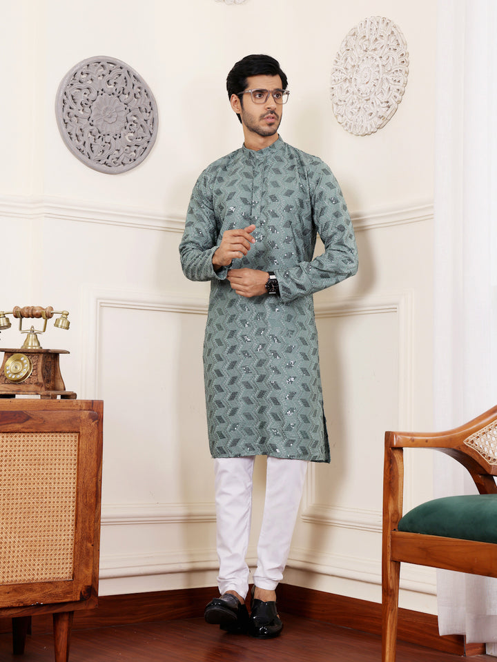 Viscose Dusty Green Kurta Set with Delicate Chikankari Work, Perfect for Festivals