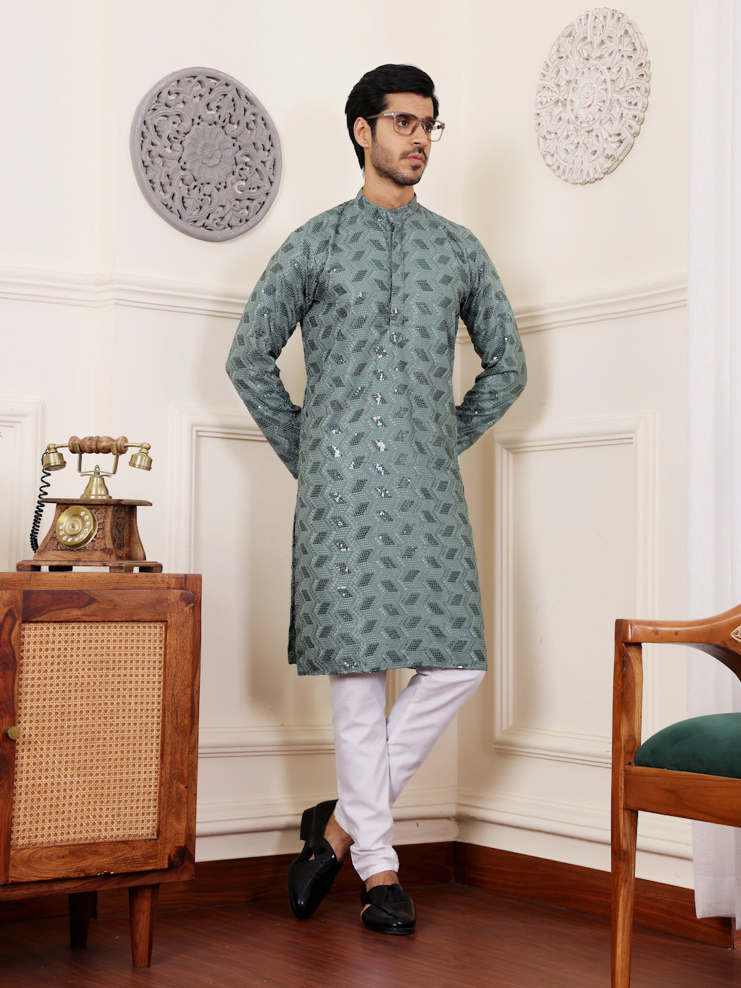 Dusty Green Chikankari Kurta Set with Embroidered Motifs, Styled with Art Silk Bottoms