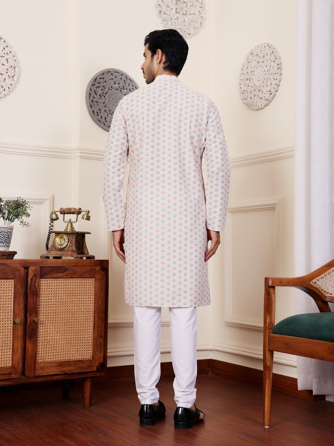 Premium Viscose Kurta for Men | Geometric Digital Print in Grey for Festivals