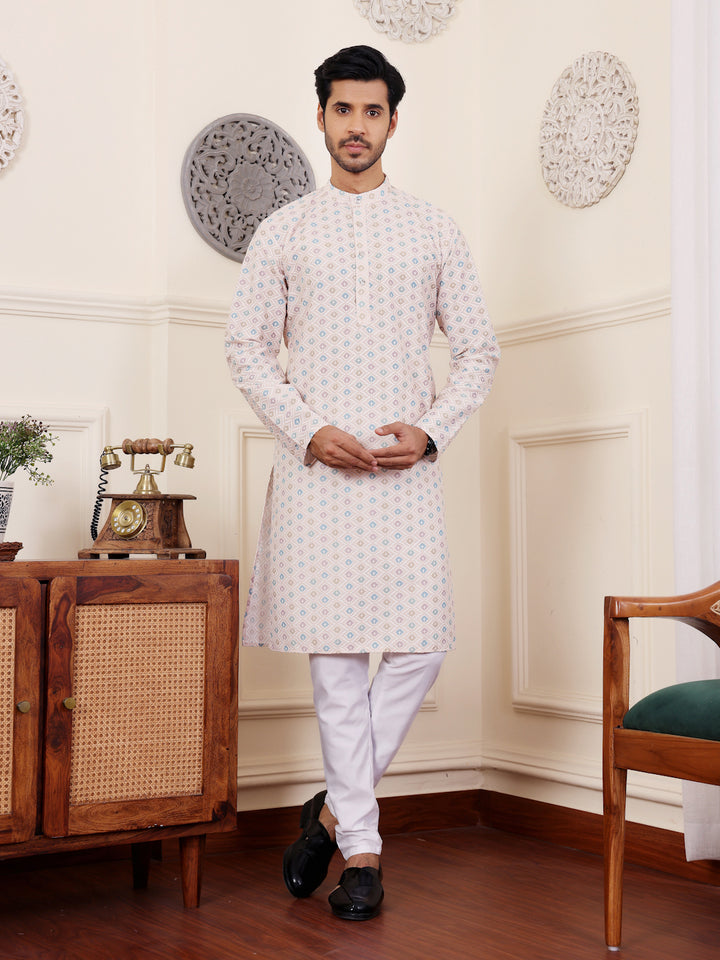 Premium Viscose Kurta for Men | Geometric Digital Print in Grey for Festivals