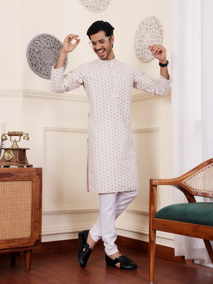 Premium Viscose Kurta for Men | Geometric Digital Print in Grey for Festivals