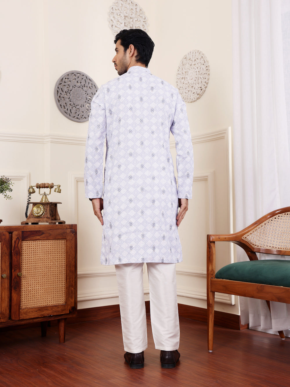 Breathable cotton kurta in a soft light purple shade showcasing detailed craftsmanship.