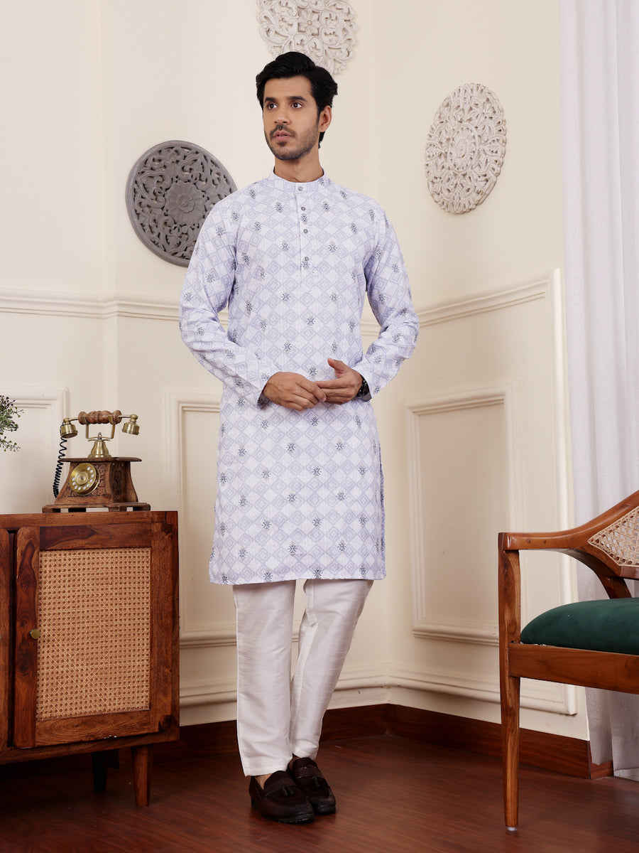 Full-length image of a men’s light purple kurta designed for festive and formal occasions.