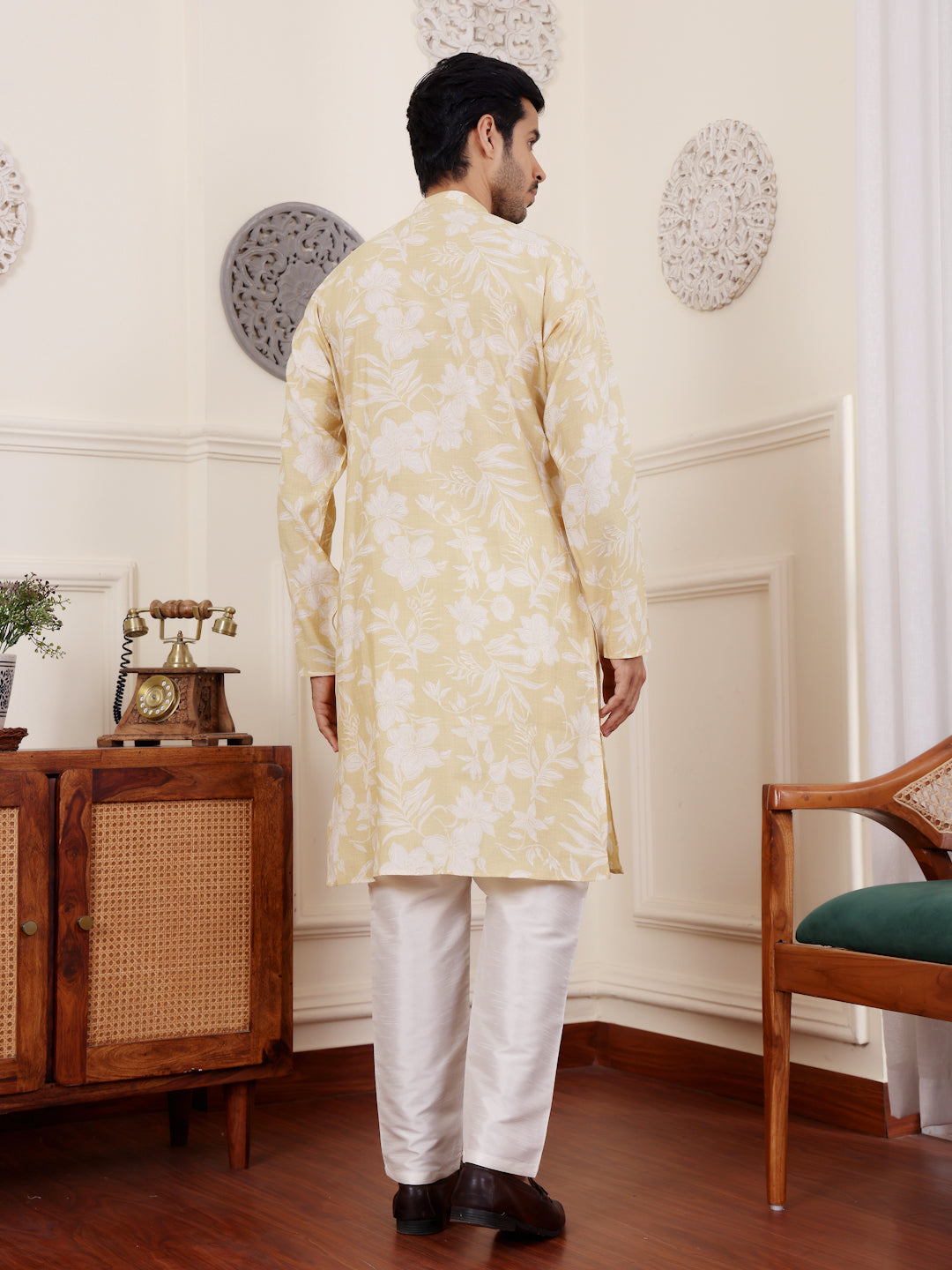 Light yellow modal silk kurta with embroidered detailing for Haldi