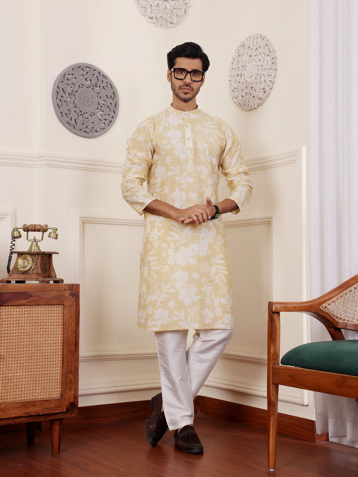 Festive kurta set with light yellow modal silk and embroidered motifs