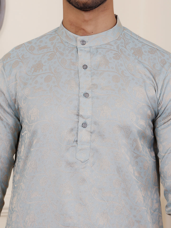 Light blue kurta for men with intricate beige motifs, crafted from luxurious Viscose.