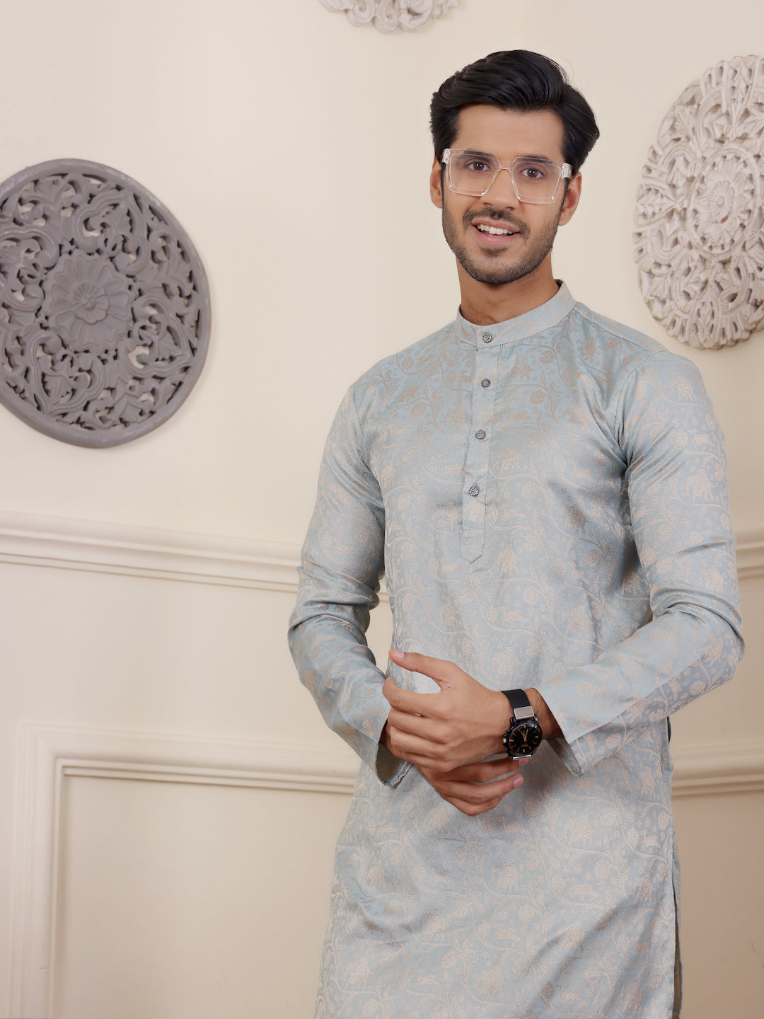 Elegant light blue kurta with intricate beige detailing, combining comfort and style.