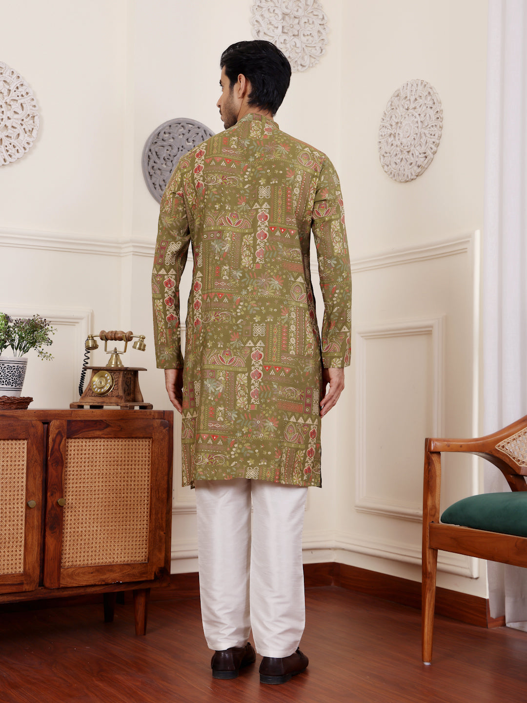 Green modal silk kurta pajama set with intricate mil dye embroidery