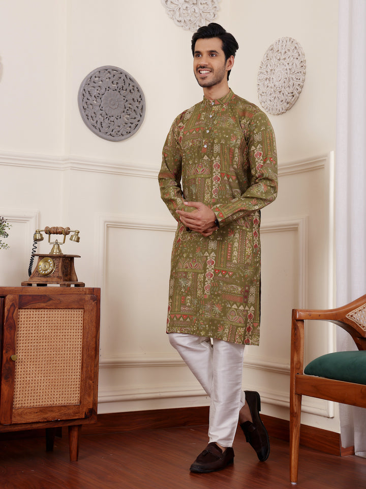 Embroidered green modal silk kurta with luxurious art silk pajama