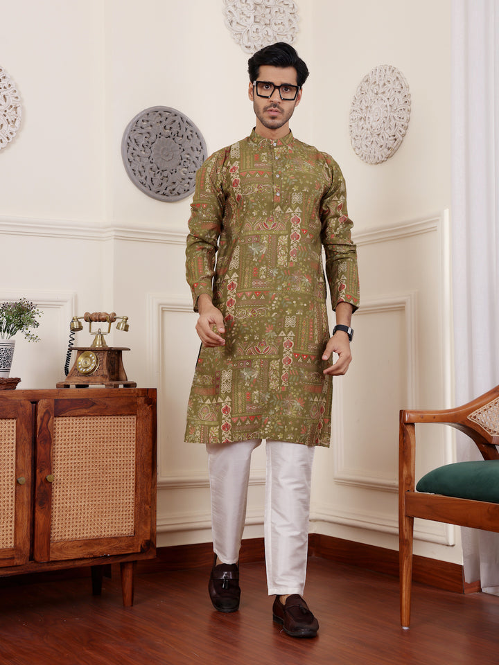 Premium green modal silk kurta with mil dye work and art silk pajama