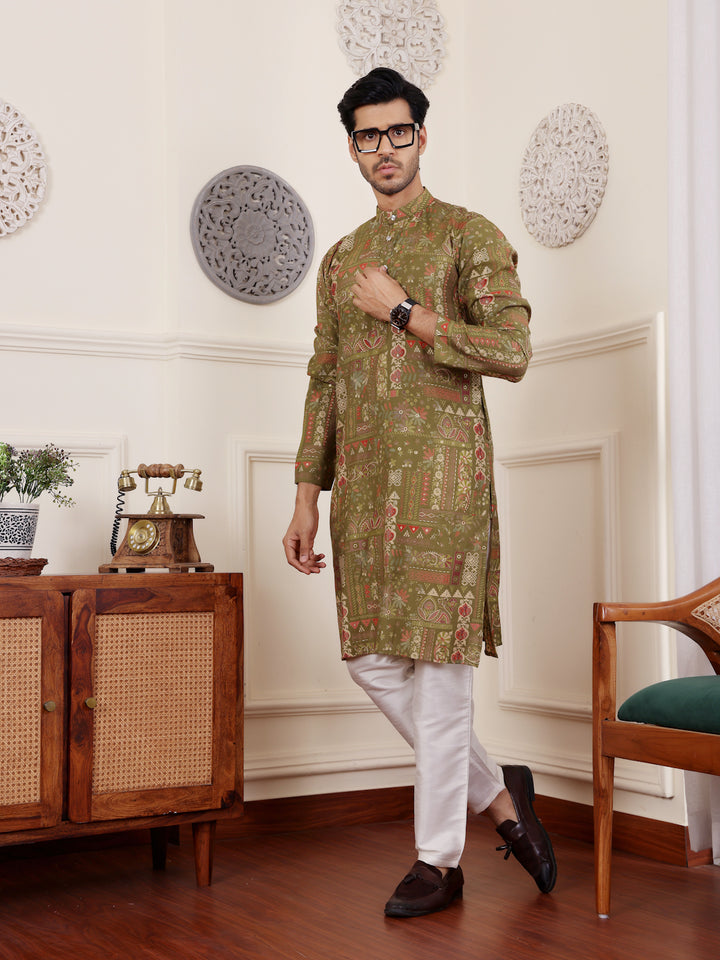 Perfect Mehandi outfit featuring green modal silk kurta and pajama