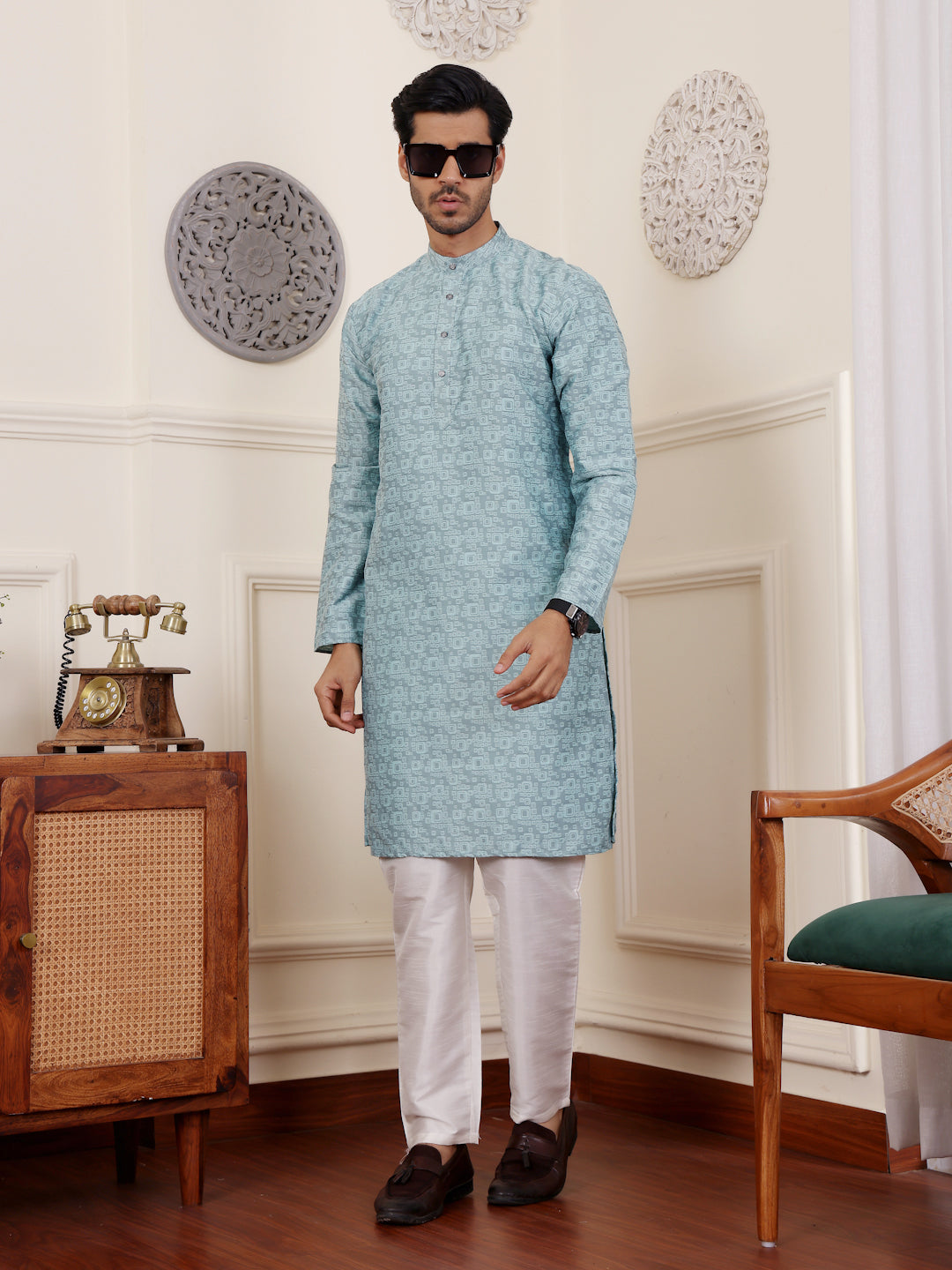 Designer Viscose Kurta Set | Handwoven Motifs & Art Silk Bottom