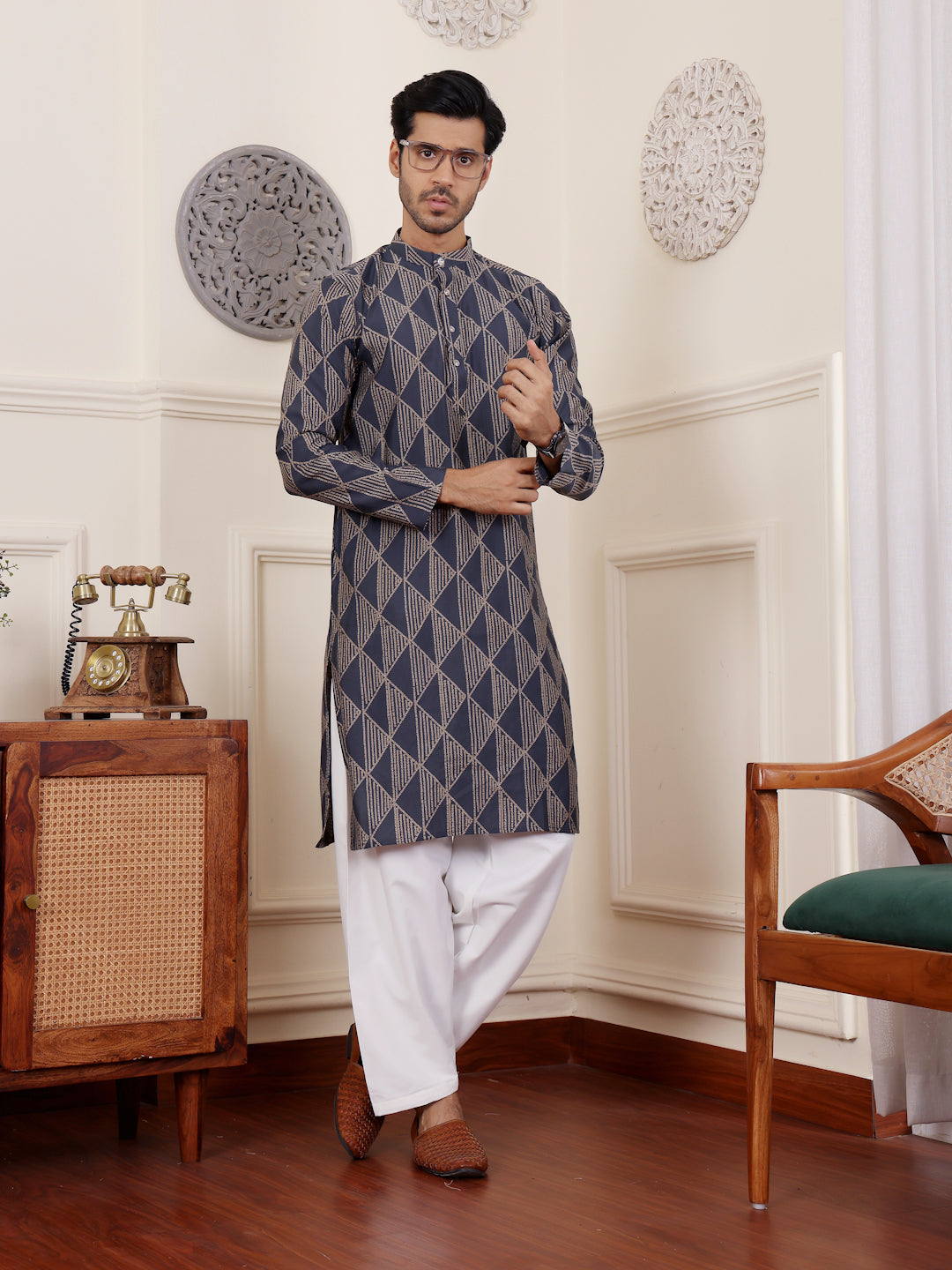 Navy blue and cream kurta set perfect for festive occasions