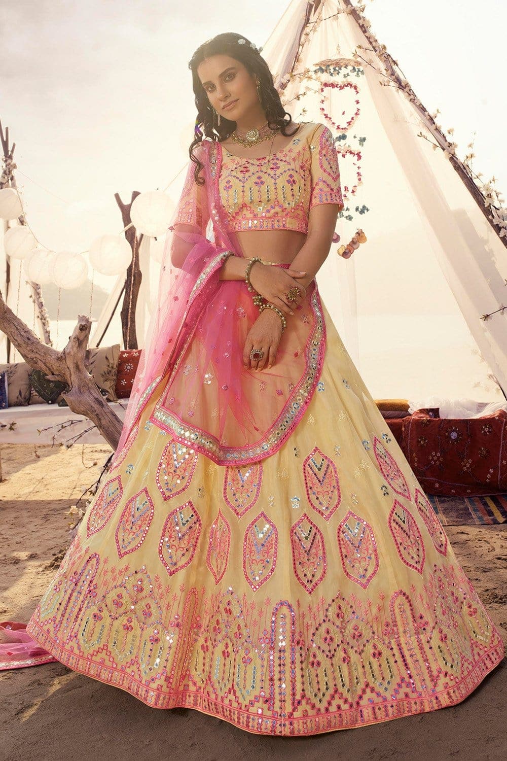 Light Yellow Organza Choli with Dupatta | Semi Stitched Mirror Work Lehenga