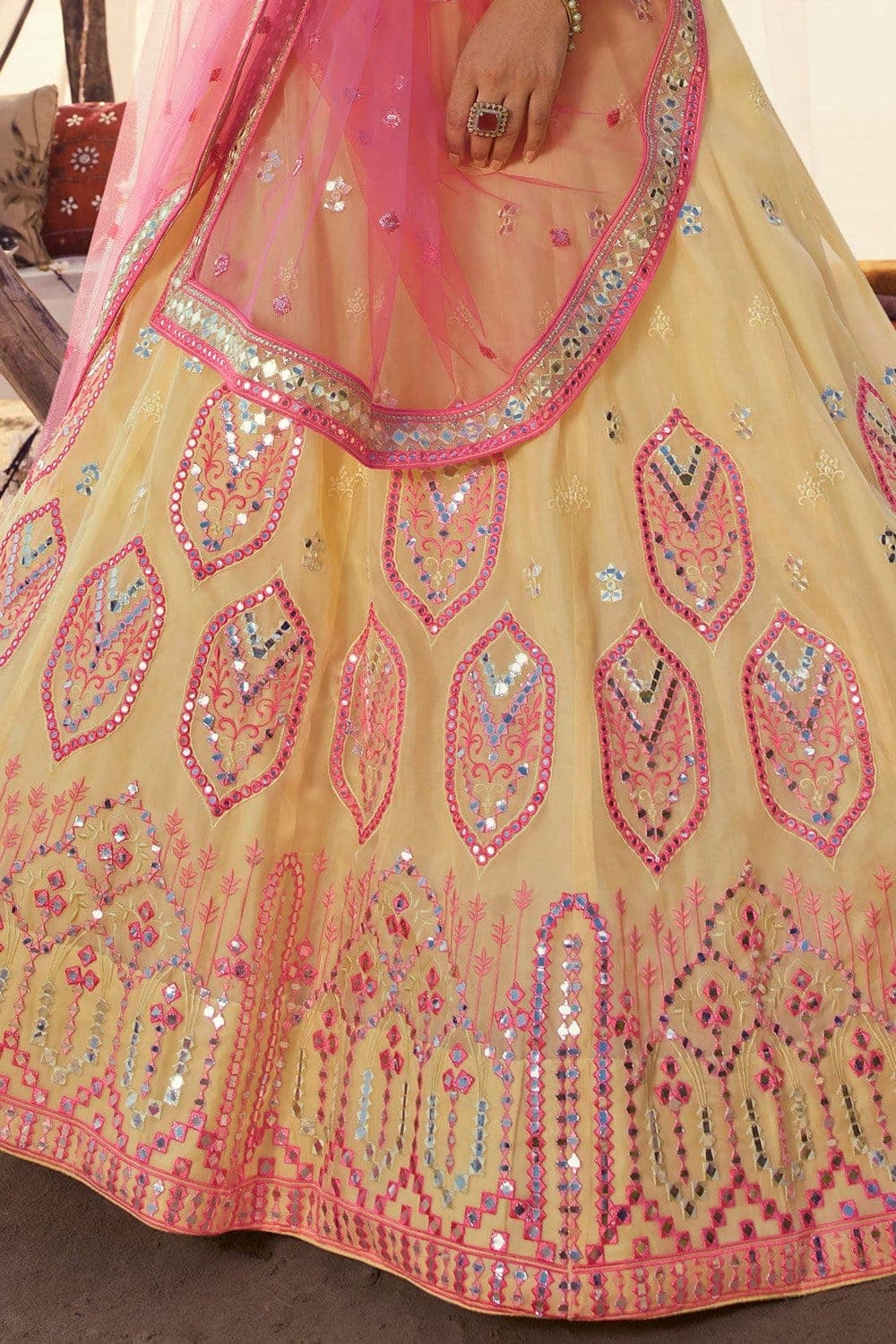 Light Yellow Organza Choli with Dupatta | Semi Stitched Mirror Work Lehenga