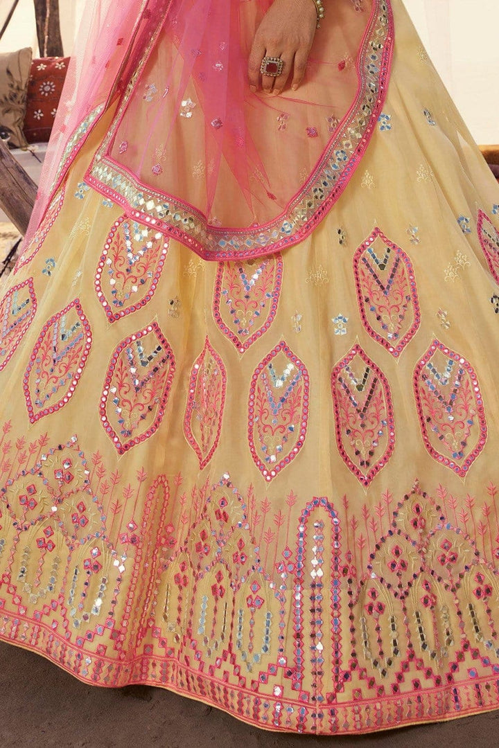 Light Yellow Organza Choli with Dupatta | Semi Stitched Mirror Work Lehenga