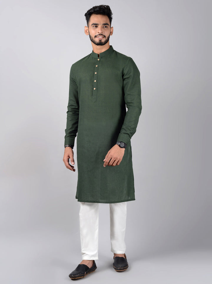 Make an impression at any celebration in this trendy Dark Green Kurta Set.