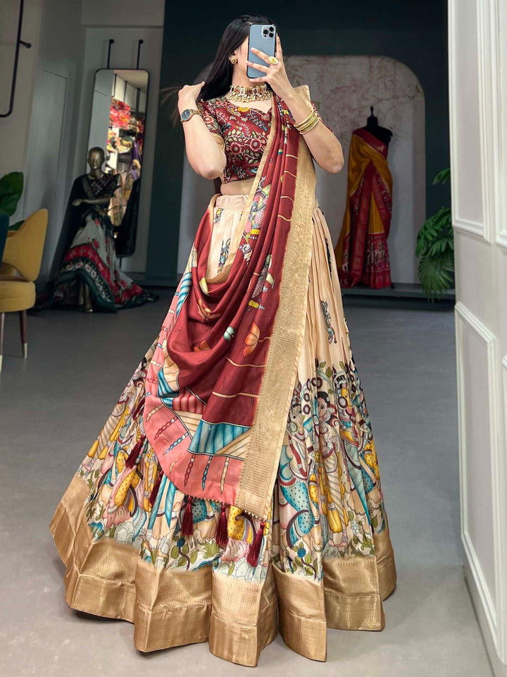 Luxurious Cream Silk Lehenga | Kalamkari Print & Tassel Dupatta