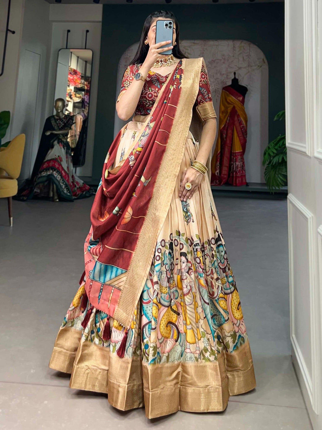 Luxurious Cream Silk Lehenga | Kalamkari Print & Tassel Dupatta