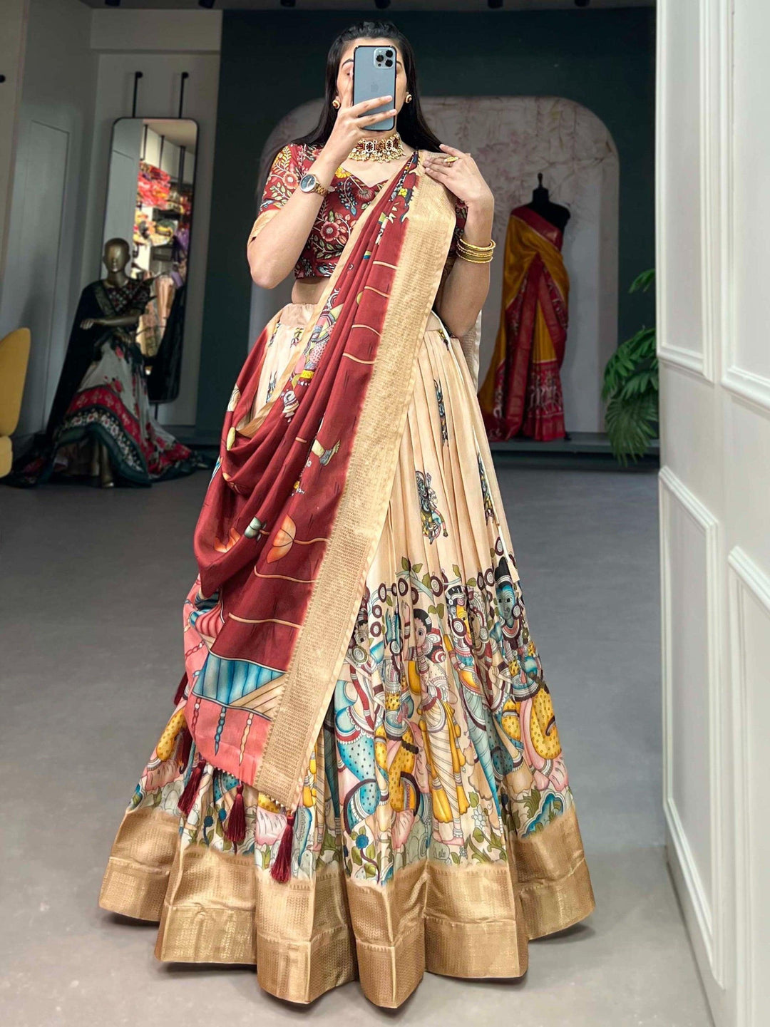 Luxurious Cream Silk Lehenga | Kalamkari Print & Tassel Dupatta