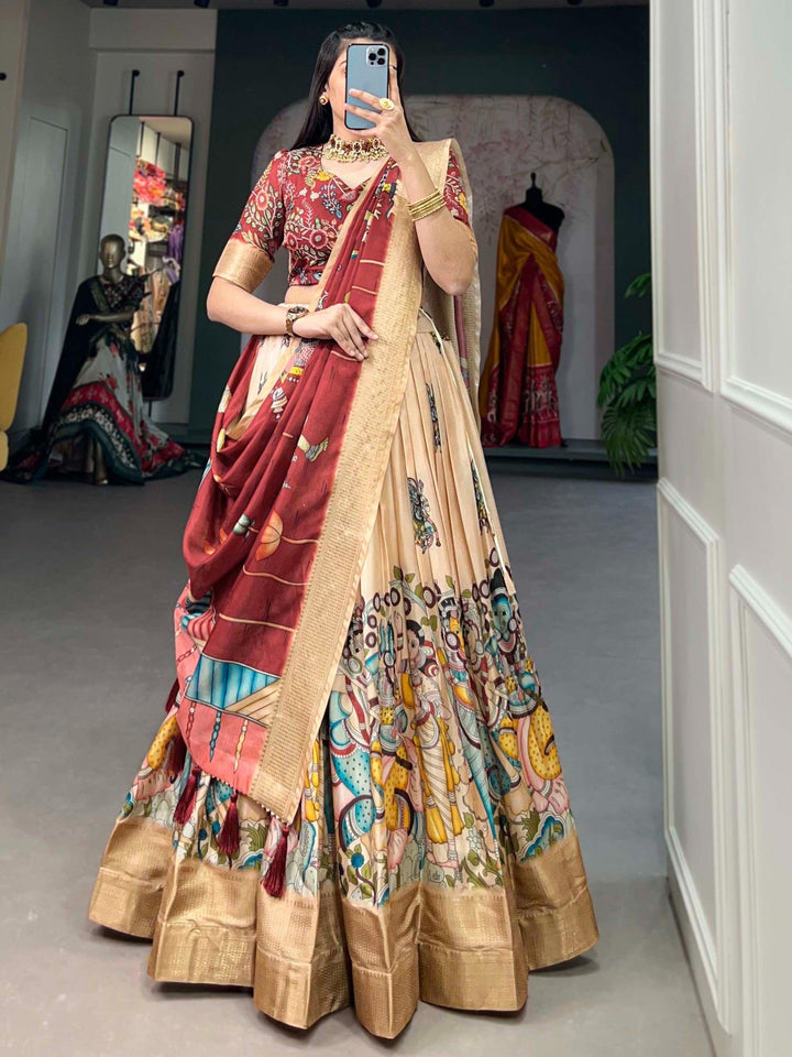 Luxurious Cream Silk Lehenga | Kalamkari Print & Tassel Dupatta