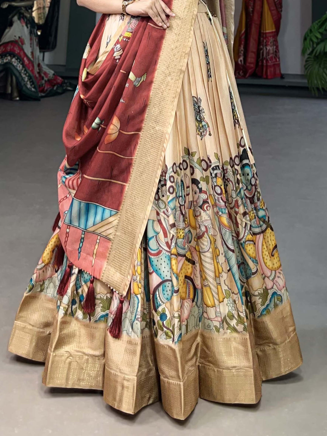 Luxurious Cream Silk Lehenga | Kalamkari Print & Tassel Dupatta