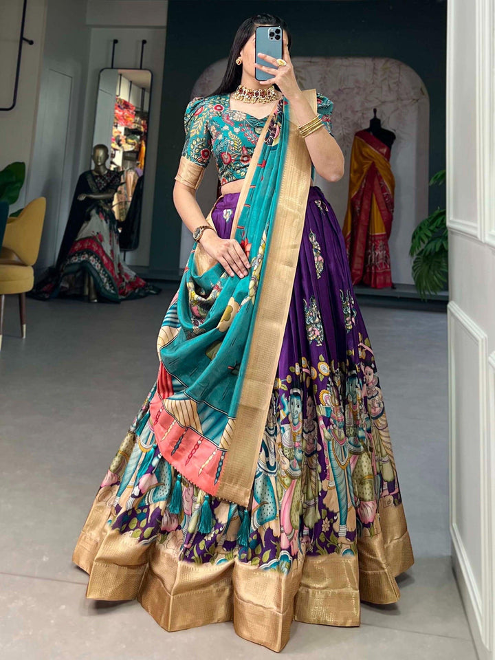 Purple Kalamkari Lehenga Set | Silk Fabric, Blue Choli, & Dupatta