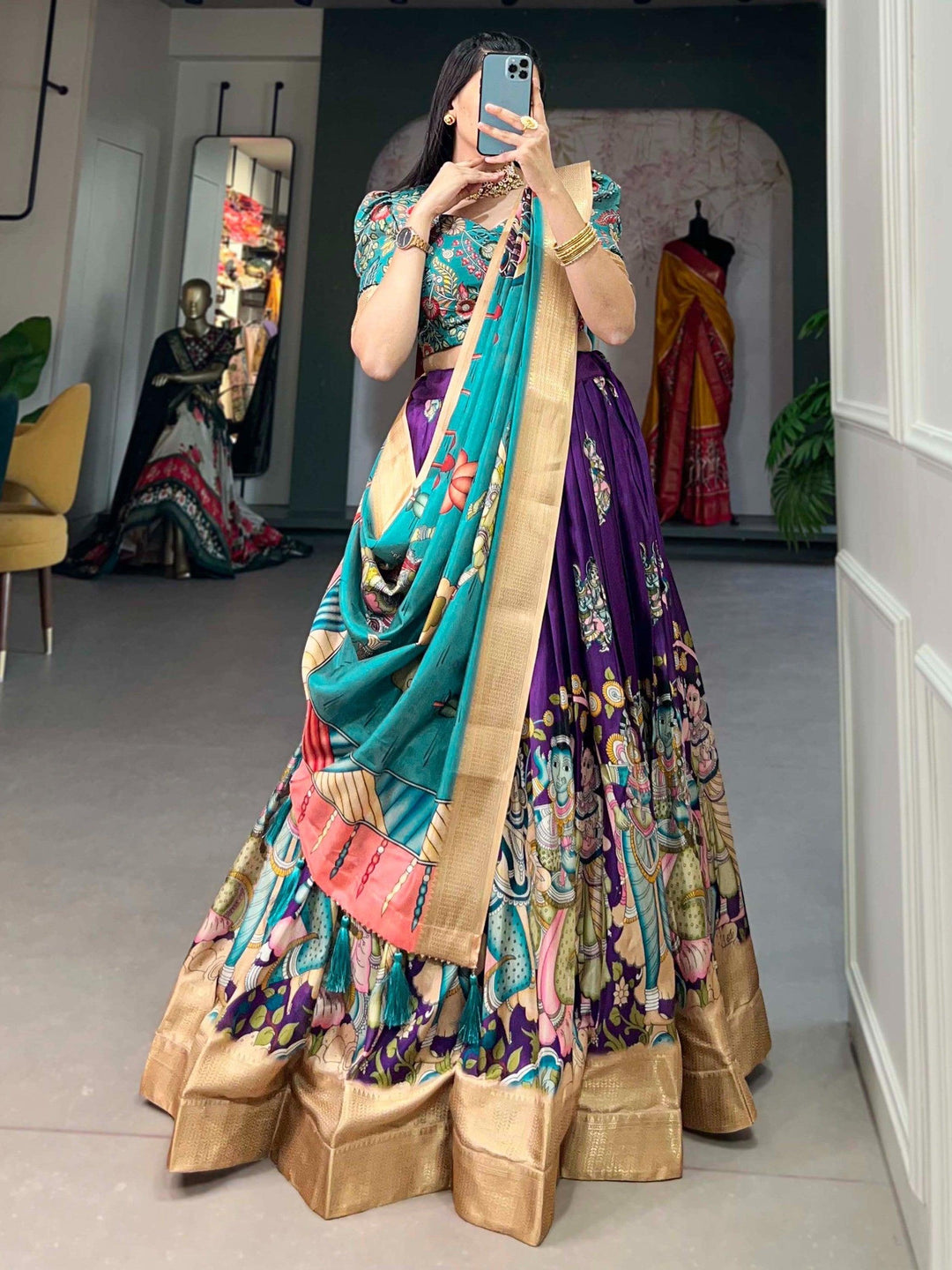 Purple Kalamkari Lehenga Set | Silk Fabric, Blue Choli, & Dupatta