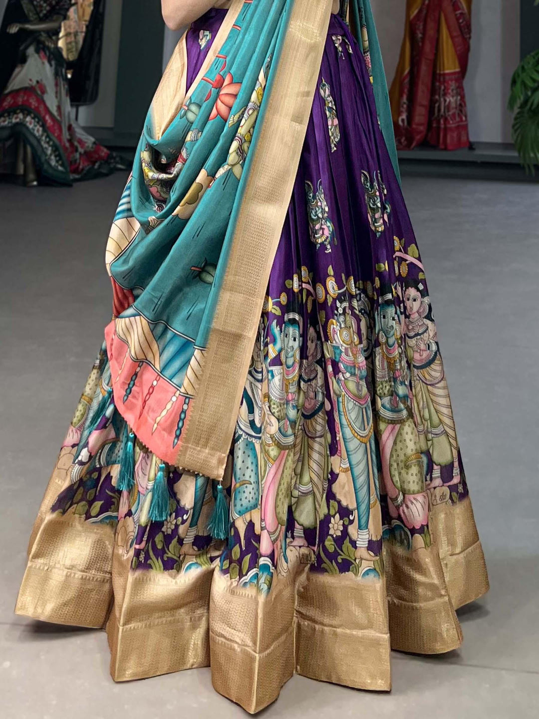 Purple Kalamkari Lehenga Set | Silk Fabric, Blue Choli, & Dupatta