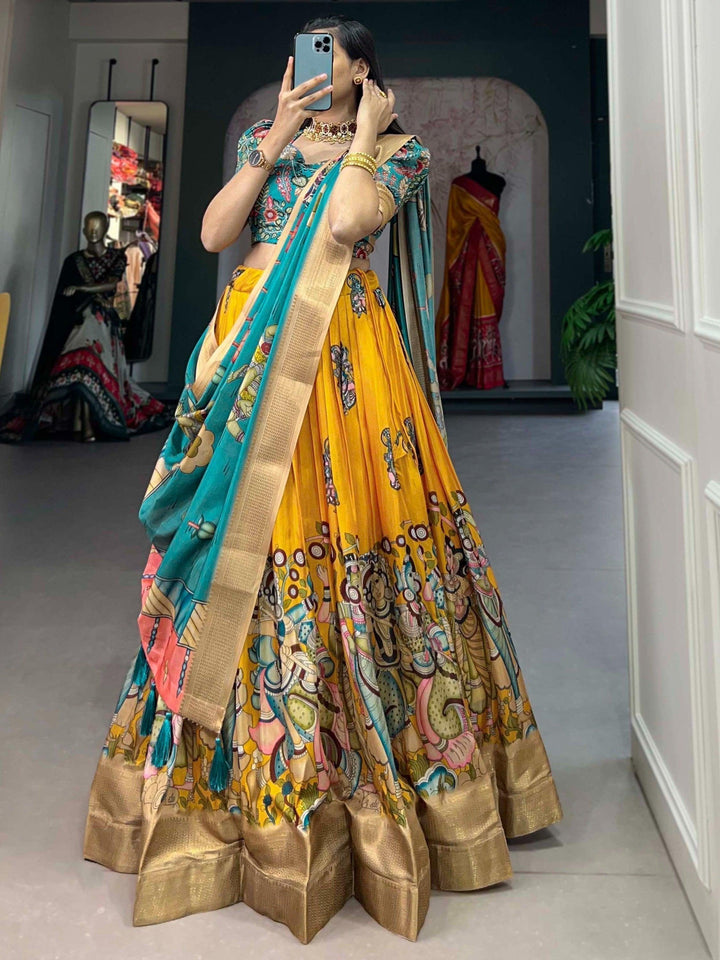 Designer Yellow Kalamkari Lehenga | Blue Choli & Tassel-Embellished Dupatta