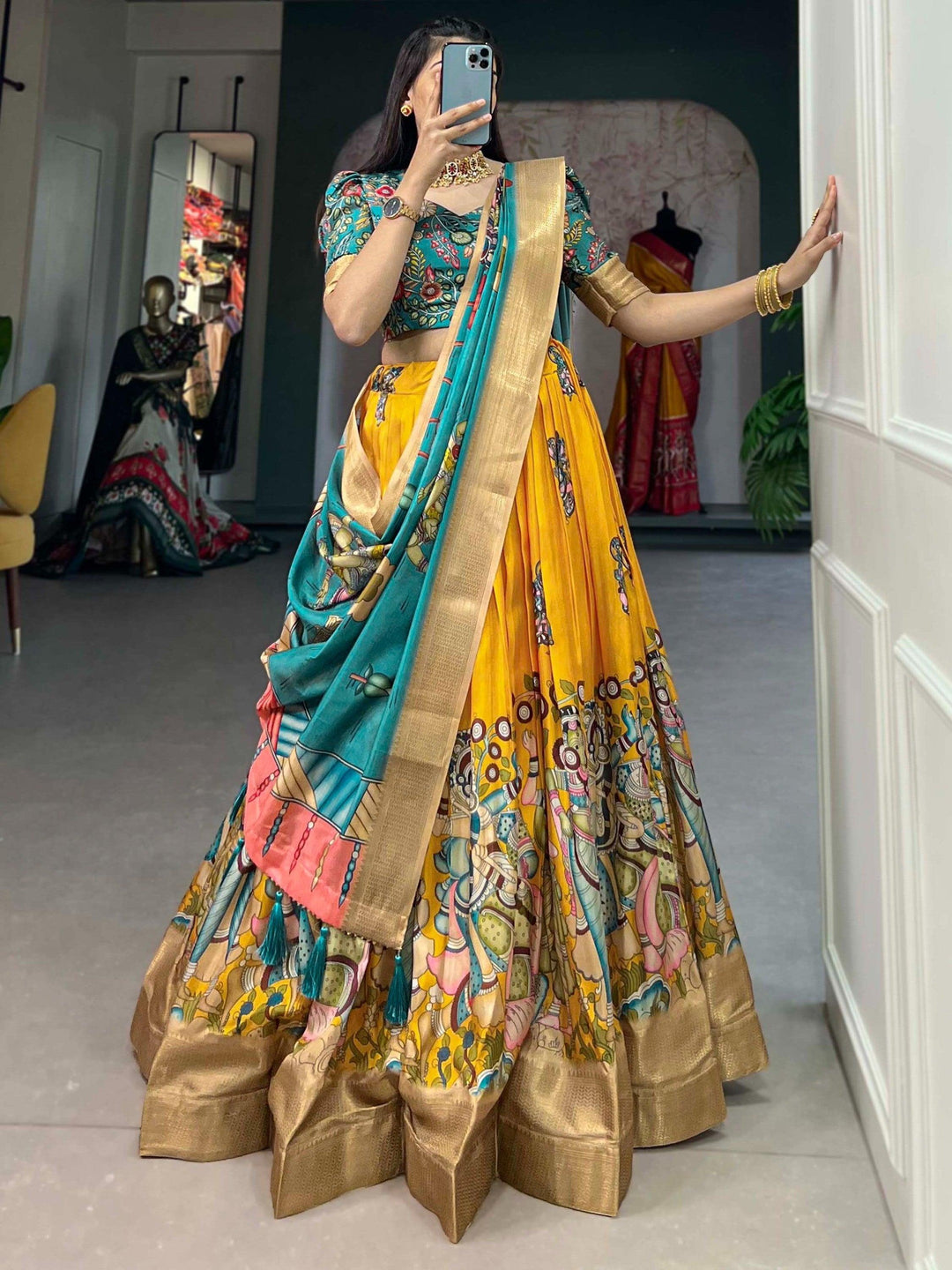 Designer Yellow Kalamkari Lehenga | Blue Choli & Tassel-Embellished Dupatta