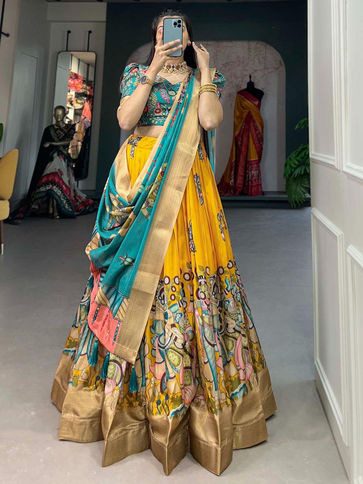 Designer Yellow Kalamkari Lehenga | Blue Choli & Tassel-Embellished Dupatta