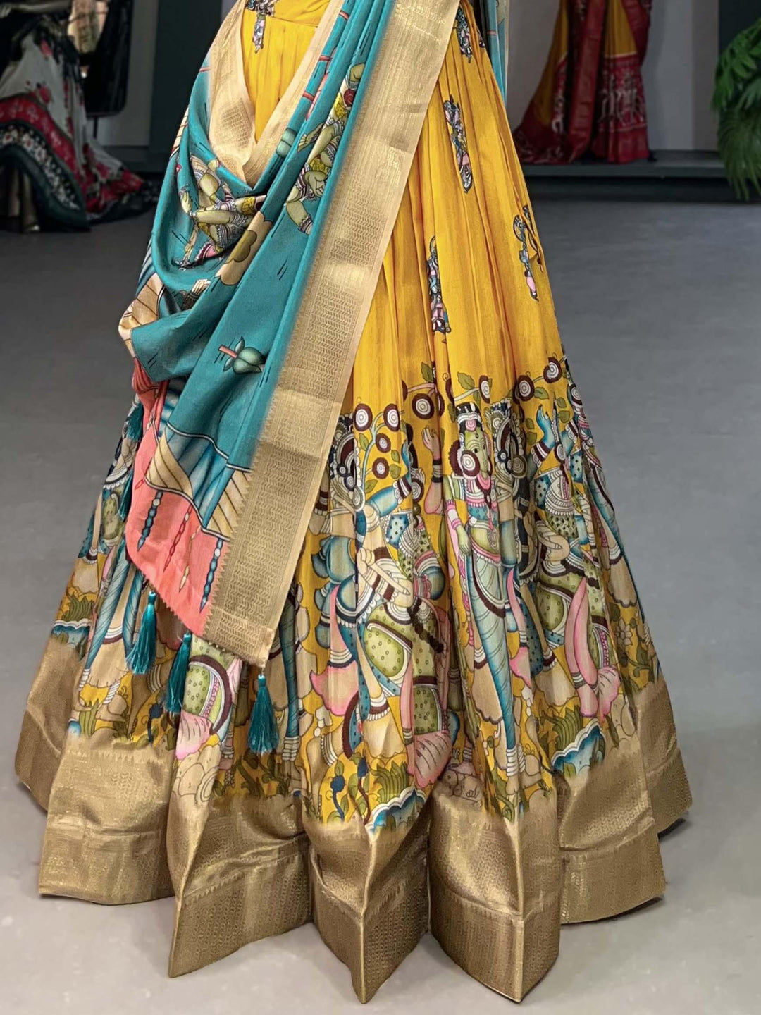 Designer Yellow Kalamkari Lehenga | Blue Choli & Tassel-Embellished Dupatta