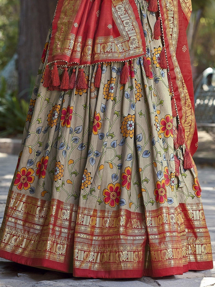 Kalamkari Grey Lehenga | Tussar Silk Lehenga with Foil & Printed Dupatta