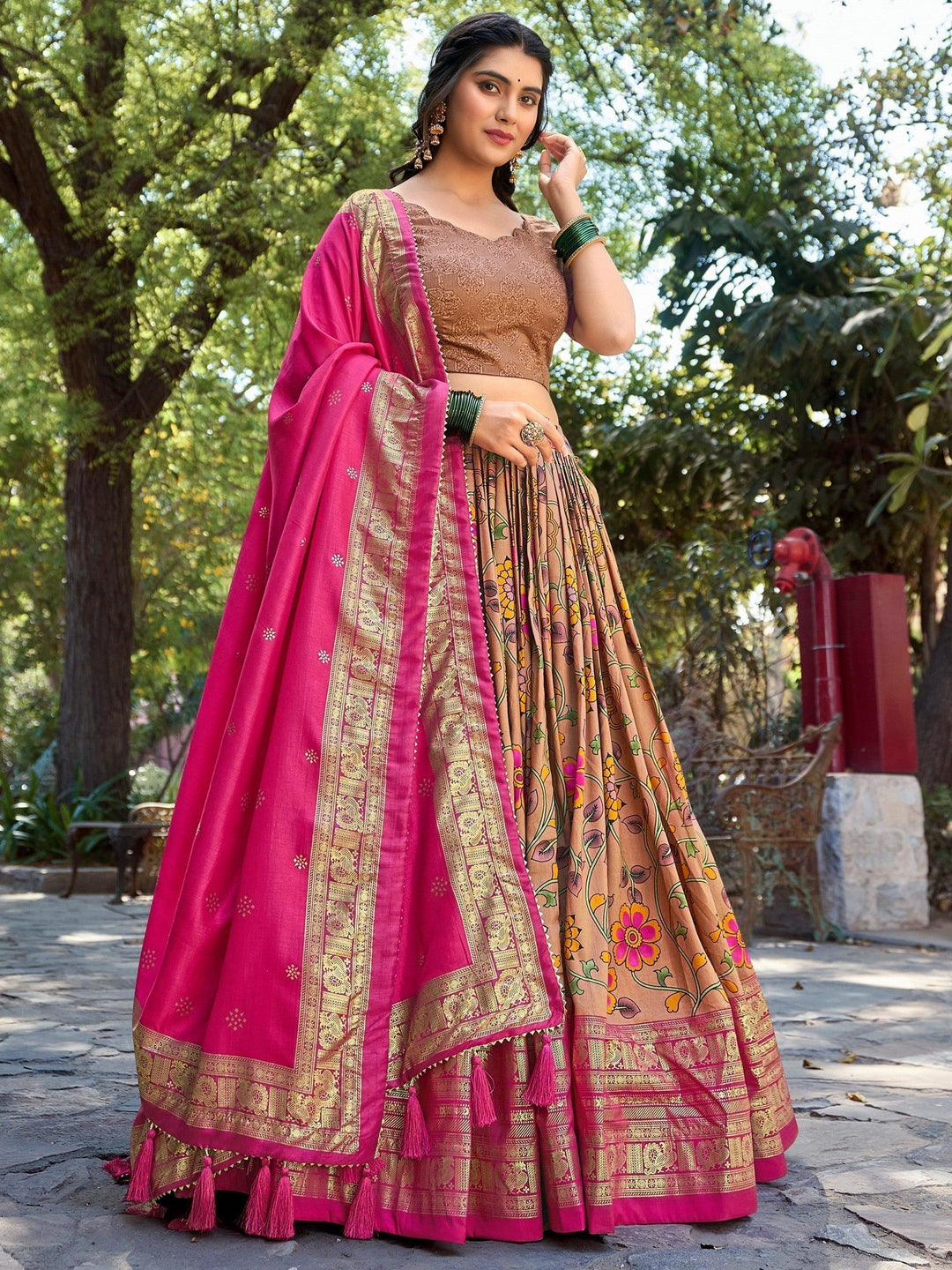 Earthy Tones Lehenga Set | Tussar Silk Wedding Choli & Tassel Dupatta